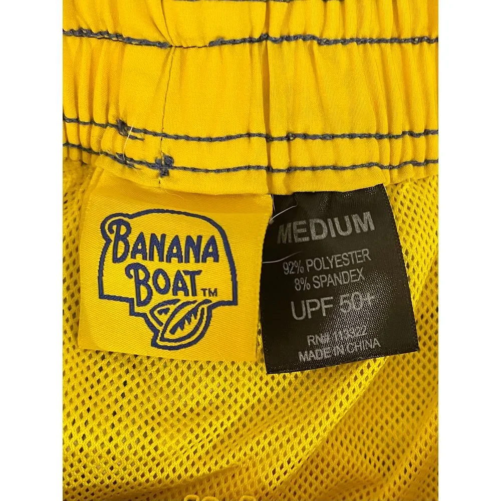 Banana Boat Navy Blue Striped Swim Trunks Beach Shorts Yellow‎ Drawstring M